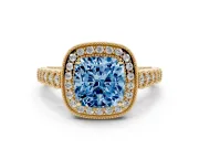 Cushion Cut Graduated Milgrain Halo Engagement Ring Setting for a Fancy Blue Lab-Grown Diamond | Yellow Gold