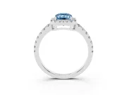 Fancy Blue Emerald Cut Diamond Halo Ring Set in White gold with Delicate Pavé Band and Prong Setting