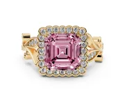 Asscher Cut Leaf Halo Engagement Ring Setting for a Fancy Pink Lab-Grown Diamond | Yellow Gold