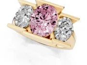 Fancy Pink Oval Cut Diamond Three-Stone Channel Set Ring Set in Yellow gold with Smooth Polished Band