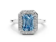 Fancy Blue Emerald Cut Diamond Halo Engagement Ring Set in White gold with Solitaire Band and Prong Setting