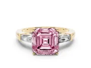 Fancy Pink Asscher Cut Diamond Solitaire Ring Set in Yellow gold with Tapered Baguette Side Stones and Prong Setting
