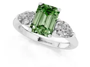 Fancy Green Three-Stone Emerald Cut Diamond Ring Set in Silver with Pear Side Stones and Prong Setting
