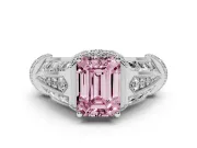 Fancy Pink Emerald Cut Diamond Vintage-Inspired Milgrain Ring Set in Platinum with Accent Split Shank