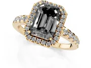 Fancy Black Emerald Cut Diamond Halo Ring Set in Yellow gold with Delicate Pavé Band and Prong Setting