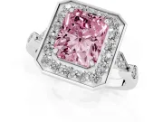 Radiant Cut Halo Engagement Ring Setting for a Fancy Pink Lab-Grown Diamond | Bezel Station Shoulders | Sterling Silver