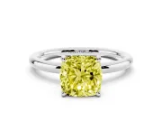 Fancy Yellow Cushion Cut Diamond Solitaire Ring Set in Silver with Thin Band and Prong Setting