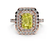 Fancy Yellow Emerald Cut Diamond Double Halo Statement Ring Set in Rose gold with Pavé Band