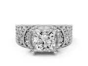 Princess Cut Vintage Milgrain Pave Engagement Ring Setting | Crescent Side Rows | White Gold