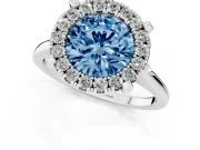 Round Halo Engagement Ring Setting for a Fancy Blue Lab-Grown Diamond | Claw Corners | Platinum