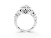 Oval Cut Diamond Halo Ring Set in White gold with Milgrain Pavé Band and Prong Setting