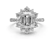 Emerald Cut Diamond Floral Halo Ring Set in Platinum with Round Pavé Band and Prong Setting