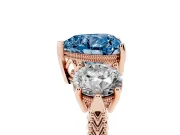 Fancy Blue Heart Cut Diamond Three-Stone Ring Set in Rose gold with Milgrain Band