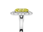 Fancy Yellow Emerald Cut Halo Round Diamond Solitaire Ring Set in White gold with Pavé Band and Prong Setting