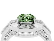 Fancy Green Oval Cut Diamond Milgrain Halo Ring Set in Platinum with Split Shank