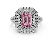 Emerald Cut Halo Split Shank Engagement Ring Setting for a Fancy Pink Lab-Grown Diamond | Pavé Strands | Platinum