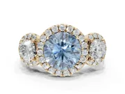 Round Three Stone Halo Engagement Ring Setting for a Fancy Blue Lab-Grown Diamond | Yellow Gold
