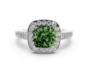 Fancy Green Cushion Cut Diamond Halo Pavé Engagement Ring Set in Silver with Bezel Setting