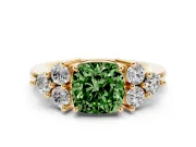 Fancy Green Cushion Cut Diamond Solitaire Ring Set in Yellow gold with Cluster Accents on Each Side