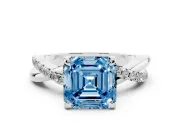 Fancy Blue Asscher Cut Diamond Twist Band Solitaire Set in Platinum with Pavé Accents and Prong Setting