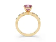 Fancy Pink Princess Cut Diamond Solitaire Ring Set in Yellow gold with Side Stones on Criss-Cross Band and Prong Setting