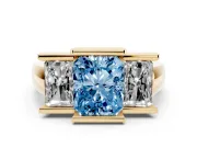 Radiant Cut Channel-Set Three Stone Engagement Ring Setting for a Fancy Blue Lab-Grown Diamond | Yellow Gold