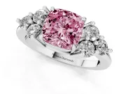 Fancy Pink Cushion Cut Diamond Solitaire Ring Set in Silver with Cluster Accents on Each Side