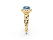 Fancy Blue Princess Cut Diamond Halo Ring Set in Yellow gold with Scrollwork Band and Prong Setting