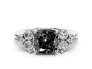 Fancy Black Cushion Cut Diamond Solitaire Ring Set in Platinum with Cluster Accents on Each Side