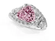 Fancy Pink Heart Cut Diamond Halo Ring Set in White gold with Marquise and Pavé Band in Prong Setting