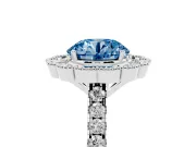 Fancy Blue Round Cut Diamond Milgrain Floral Halo Engagement Ring Set in Silver with Pavé Band