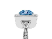 Fancy Blue Cushion Cut Diamond Halo Engagement Ring Set in White gold with Milgrain Pavé Band