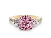 Round Three Stone Pavé Engagement Ring Setting for a Fancy Pink Lab-Grown Diamond | Round Side Stones | Yellow Gold