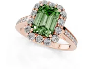 Fancy Green Emerald Cut Diamond Floral Halo Ring Set in Rose gold with Pavé Band and Prong Setting
