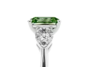 Fancy Green Three-Stone Emerald Cut Diamond Ring Set in White gold with Pear Side Stones and Prong Setting