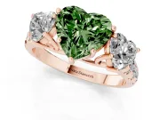 Fancy Green Heart Cut Diamond Three-Stone Ring Set in Rose gold with Pavé Band