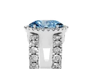 Fancy Blue Oval Cut Diamond Halo Ring Set in Platinum with Pavé Split Shank and Prong Setting