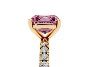 Fancy Pink Asscher Cut Diamond Pavé Band Solitaire Set in Yellow gold with Prong Setting