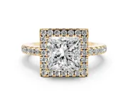 Princess Cut Diamond Pavé Band Halo Engagement Ring Set in Yellow gold with Prong Setting