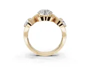 Round Three Stone Halo Engagement Ring Setting | Pavé Wave Band | Yellow Gold