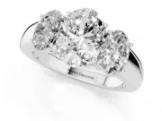 Three-Stone Oval Cut Diamond Ring Set in Silver with Matching Prong Settings and Plain Band