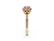 Fancy Pink Cushion Cut Diamond Halo Pavé Band Ring Set in Yellow gold with Prong-Held Center