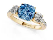 Cushion Cut Engagement Ring Setting for a Fancy Blue Lab-Grown Diamond | Three Stone | Yellow Gold