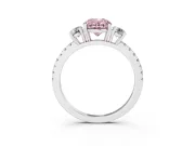 Fancy Pink Oval Cut Diamond Three-Stone Ring Set in Platinum with Pavé Band and Graduated Sides