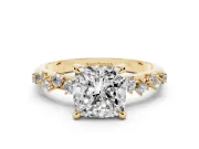 Cushion Cut Diamond Solitaire Vine Band Ring Set in Yellow gold with Round Accents and Prong Setting