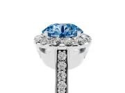 Fancy Blue Round Cut Diamond Floral Halo Ring Set in Silver with Pavé Band and Prong Setting