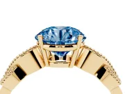 Fancy Blue Round Cut Diamond Milgrain Leaf Band Solitaire Ring Set in Yellow gold with Accent Stones and Prong Setting