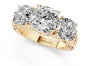 Cushion Cut Diamond Three-Stone Ring Set in Yellow gold with Textured Band