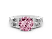 Fancy Pink Round Cut Diamond Engagement Ring Set in White gold with Baguette Side Stones and Channel Set Band