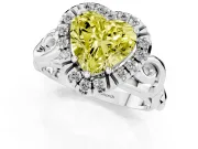 Fancy Yellow Heart Cut Diamond Halo Ring Set in White gold with Scrollwork Band and Prong Setting